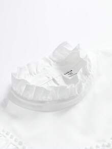 SHEIN 少女純色杏色優雅復古宮廷風立領荷葉邊提花鈕扣喇叭袖上衣（適合日常穿著） - 白色 - 查看 3