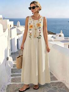 EMERY ROSE CURVE Plus Size Women's Autumn/Winter Fashion Casual Loose Comfortable Everyday All-Match Versatile Beige Sleeveless Floral Embroidered Long Tank Dress - Multicolor - View 4