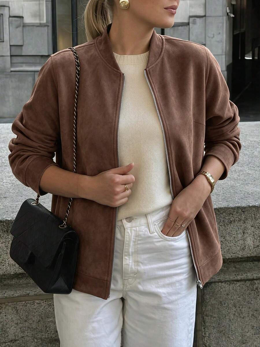 Easura Deep Brown Faux Suede Ribbed Collar Zip-Up Hooded Jacket, Vintage Plus Size Coat, Suitable For Daily Commute, Street Shopping And Autumn Casual Wear - Coffee Brown - View 1