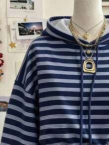 Lalippa Women's Striped Drop Shoulder Long Sleeve Casual Drawstring Hooded Sweatshirt - Multicolor - View 3
