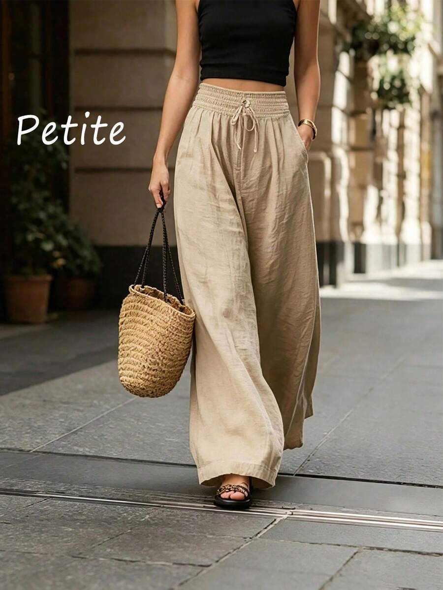 SHEIN PETITE 女款極簡休閒紋理抽繩腰口袋長褲 - 卡其色 - 查看 1