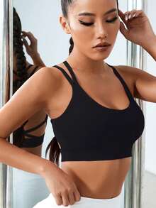 SHEIN Velisys 2件組女款無縫圓領雙交叉背運動內衣套裝，適合日常休閒、跑步、健身、瑜珈 - 黑色 - 查看 5