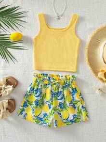 Emery Rose Kids Emery Rose Kids Bộ 2 món áo tank top sát nách và quần short họa tiết chanh mùa hè cho bé gái - Màu vàng - Xem 7