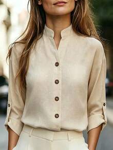 SHEIN 女款休閒卡其色純色立領前扣設計袖口細節工作服，適合職場、度假、西式風格、嘉年華、勞動節、復活節、返校季、教師節、旅行、街頭、鄉村拍照，適用夏季、秋季、春季 - 卡其色 - 查看 1
