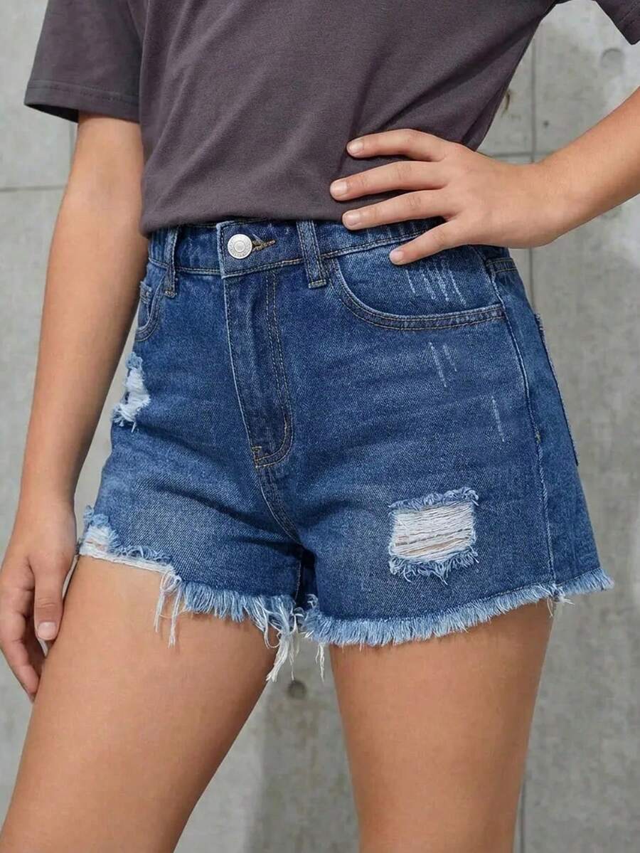 SHEIN 少女牛仔短裤，夏季新品，深蓝色牛仔布，休闲简约百搭，毛边做旧牛仔短裤，松紧腰带贴身破洞热裤，休闲口袋设计，实用百搭，适合日常出行、派对、户外活动、夏季假期等多种场合穿着。