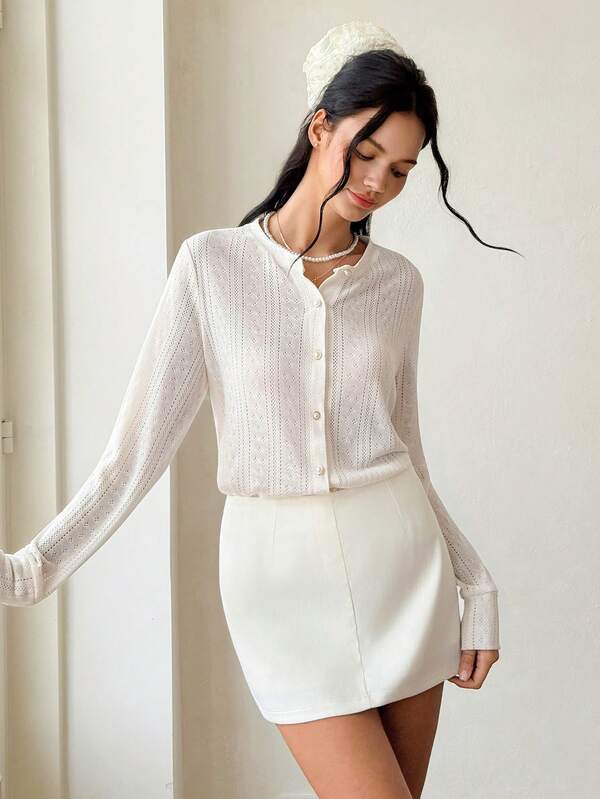 Cévolie European Minimalist Style Round Neck Hidden Placket Draped White Blouse + High Waist Crisp A-Line White Blazer Skirt Commuter 2 Pieces Set