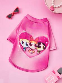 THE POWERPUFF GIRLS X PETSIN 1件玫瑰紅可愛大眼睛女孩三人組卡通印花寵物T恤，超柔軟親膚，透氣面料，防跳蚤，不易掉毛，耐熱，讓貓狗在居家或外出時保持舒適時尚 - 玫紅色 - 查看 2