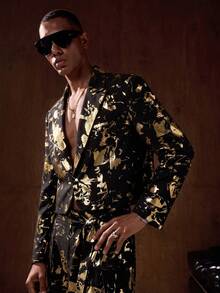 HIMLAND Men's Gold Foil Pattern Long Sleeve Jacket And Pants Suit Set - Black - View 4