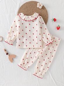 2pcs Baby Girl Cozy Soft Crinkle Fabric Polka Dot Print Collared Button-Up Long Sleeve Pants Pajama Set - Baby Pink - View 2