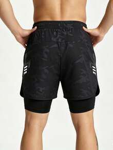 Coreblaze Men's Camouflage Print Drawstring Waist Double Layer Sports Shorts - Black - View 2