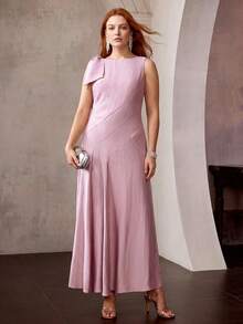 MOTF PREMIUM GAUN A-LINE ELEGAN DAN MODIS UNTUK WANITA UKURAN BESAR DENGAN DEKORASI IKATAN PITA YANG MENYEMPITKAN PINGGANG, DESAIN YANG MELANGSINGKAN - Hot Pink - View 5