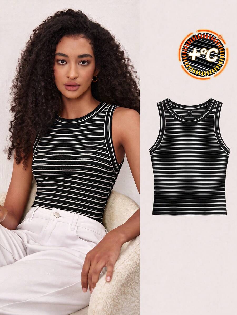 SHEIN BASICS 女款條紋圓領休閒百搭背心 - 巧克力棕 - 查看 1