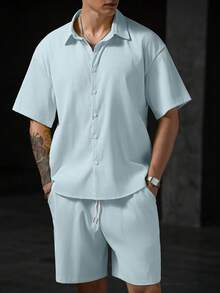 VENTUSAIL Men's Textured Soft Skin-Friendly Striped Shirt And Shorts Set - Blue - View 3
