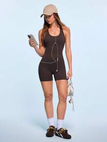 SHEIN Sovereign Charm Women's Solid Color Casual Daily Outdoor Sports Romper - Coffee Brown - View 5