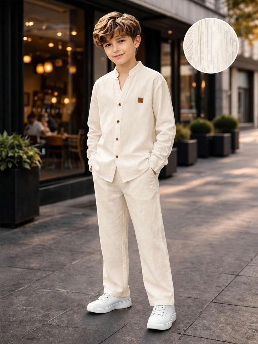 SHEIN 2pcs Kids Tween Boy Casual Daily Printed Pattern Stand Collar Button-Down Loose Long Sleeve Apricot Shirt Straight Leg Apricot Pants Set, Spring Summer Fall Winter, Valentine's Day, Date - Apricot - View 1