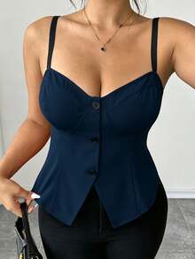 Elenzga Plus Size Elegant Casual Colorblock Spaghetti Strap Tank Top With Hem Slit And Button Design, Suitable For Daily Wear, Beach Vacation, Dating, Party, Spring/Summer - Navy Blue - View 8