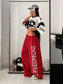 StreetHx Women's Streetwear Letter Print Elastic Waist Wide Leg Long Pants - Red - View 4