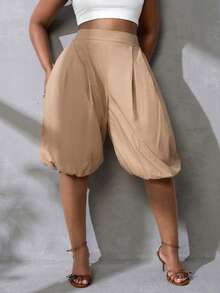 Zolique Women's Fashionable Retro Hip Hop Khaki Elastic Waist Wide Leg Capri Shorts - Khaki - View 10
