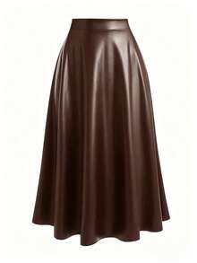 Femmeverse Plus Size Fashion Commuter Solid Color Skirt Fall - Brown - View 1