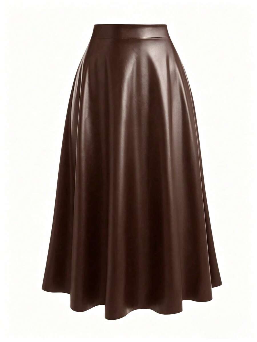 Femmeverse Plus Size Fashion Commuter Solid Color Skirt Fall - Brown - View 1