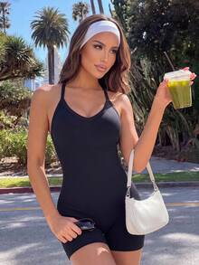 SHEIN Dewbera 女款純色休閒日常戶外運動掛脖連身褲 - 黑色 - 查看 3
