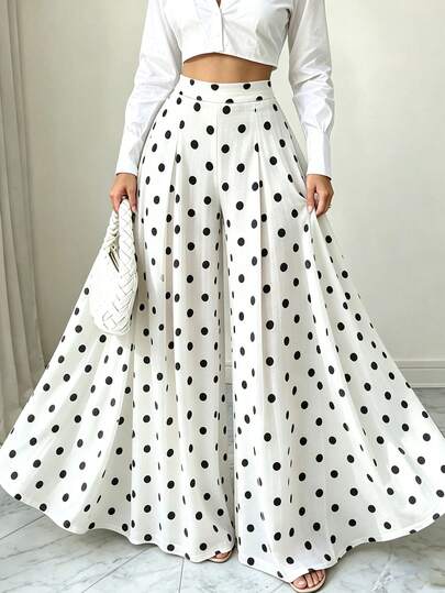 Elenzga Celana Panjang Wanita Klasik Vintage Putih dengan Polkadot Hitam, Potongan Longgar Elegan untuk Beraktivitas Sehari-hari, Cocok untuk Ramping dan Kasual.