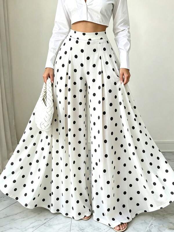 Elenzga Celana Panjang Wanita Klasik Vintage Putih dengan Polkadot Hitam, Potongan Longgar Elegan untuk Beraktivitas Sehari-hari, Cocok untuk Ramping dan Kasual.