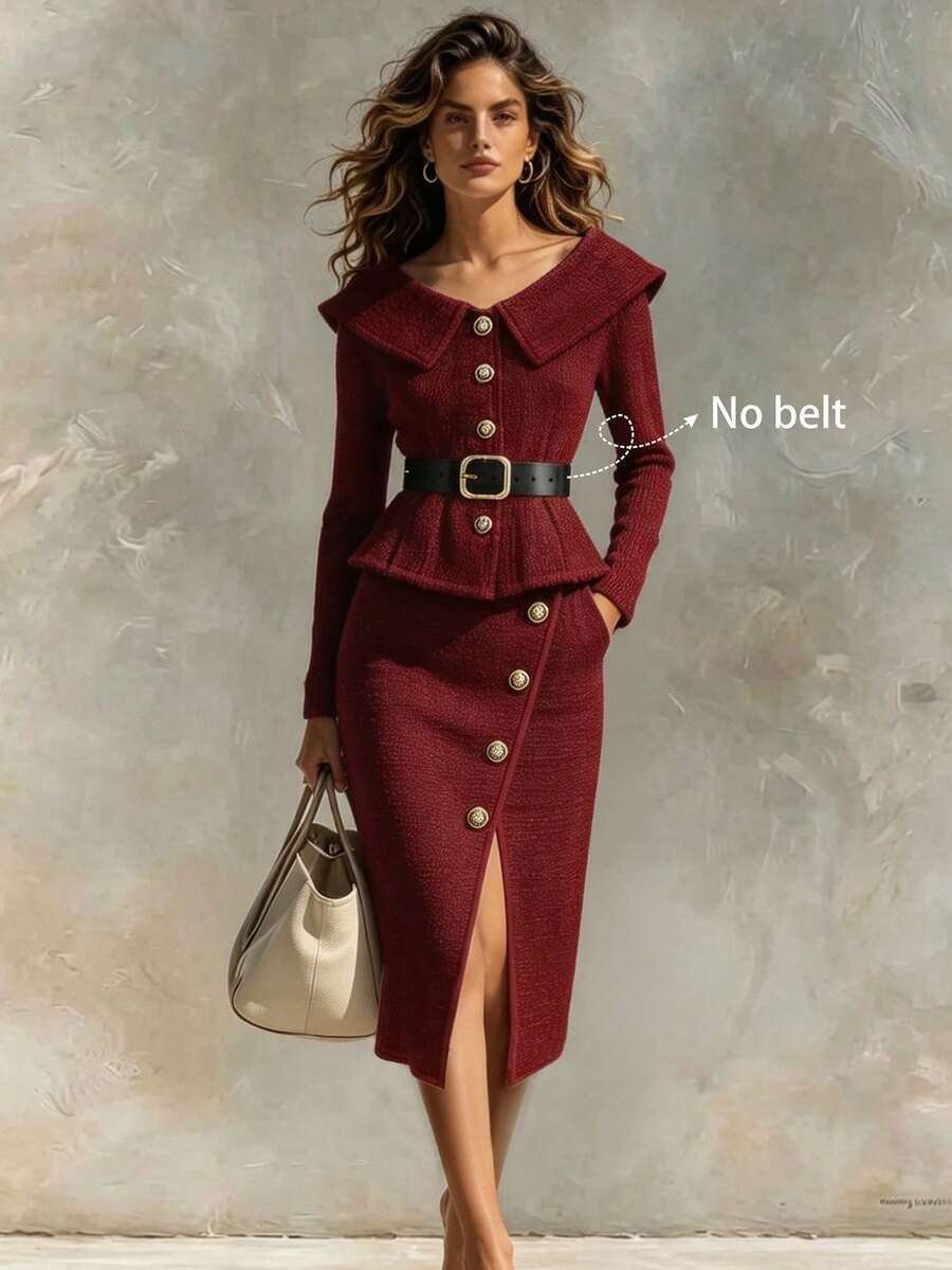 SHEIN Franclia 秋冬优雅套装,包含一件前开襟长袖上衣和一条饰有不对称金属扣的修身长裤。 - 紅色 - 查看 1