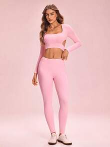 SHEIN Sovereign Charm Women's Solid Color Long Sleeve Top And High Waist Leggings Casual Daily Sports Set - Pink - View 3