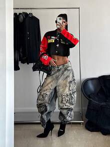 StreetHx Women's Streetwear Motorcycle Style Letter Print Long Sleeve Jacket Going Out Night Out Black And Red Autumn - Black - View 4