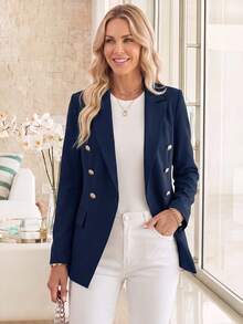 SHEIN Blazer informal y de uso diario de unicolor y de doble botonadura clásico - Azul Marino - Ver 1