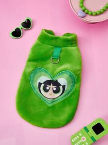 THE POWERPUFF GIRLS X PETSIN 1件刺繡大眼女孩綠色保暖無袖外套，附牽繩扣環，適用於貓狗，秋冬厚絨毛，適合室內保暖或戶外安全散步 - 綠色 - 查看 2