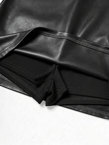 SHEIN Franclia 女款純色PU皮革休閒百搭日常裙褲 - 黑色 - 查看 5