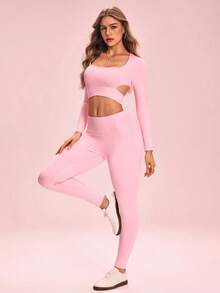 SHEIN Sovereign Charm Women's Solid Color Long Sleeve Top And High Waist Leggings Casual Daily Sports Set - Pink - View 1