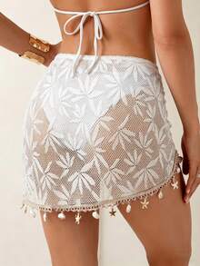 Swim Lushoire Women's Summer Beach Vacation Drawstring Ruched Starfish Shell Tassel Solid Color Special Texture Fabric Split Hem Skirt - White - View 2