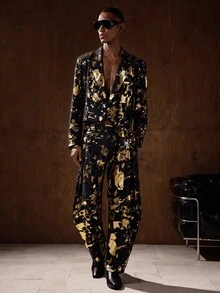 HIMLAND Men's Gold Foil Pattern Long Sleeve Jacket And Pants Suit Set - Black - View 3
