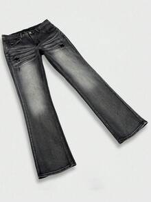 Manfinity Roghcode Men's American Vintage Niche Washed Horseshoe Denim Jeans Slim Fit Stretch Flared Leg Long Pants - Black - View 5
