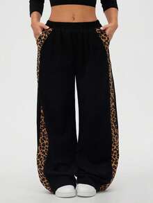 Easura Celana Panjang Kasual Ukuran Besar Streetwear Motif Leopard dengan Panel Samping dan Potongan Lebar untuk Musim Dingin - Hitam - View 6