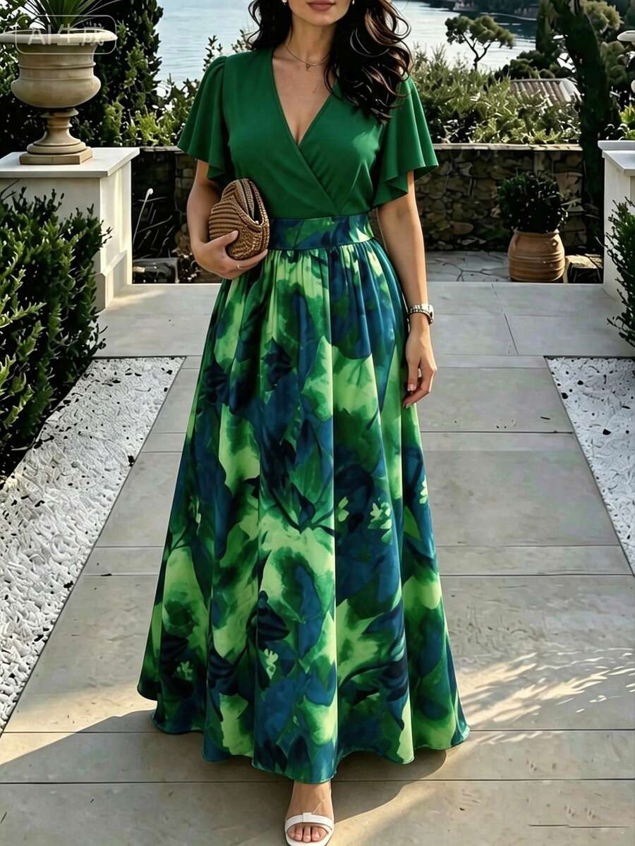 Rometta Plus Size Women's Spring/Summer Bohemian Beach Vacation Casual Travel Style High-End Design Colorful Asymmetric Geometric Print Fashionable Stunning Sexy Round Neck Ruffle Sleeve Maxi Dress - Multicolor - View 1