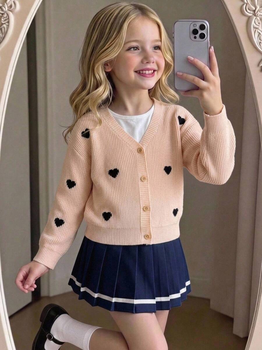 SHEIN 女童秋冬休閒愛心造型開襟毛衣 - 米色 - 查看 1