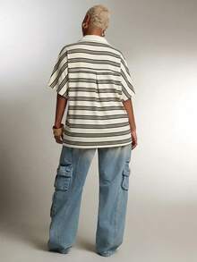 Denimoi Plunge Neck Collared Oversized Striped Polo Top Fashionable Tops - Apricot - View 5