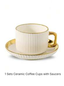 1/6 Set Gold Rim Embossed Ceramic Coffee Cup (Cup + Saucer) Luxury Coffee Cup & Saucer Set/Mug, High-End Exquisite Tableware, Ideal For Afternoon Tea. This Elegant Coffee Cup Is Perfect For Serving Cappuccino. - Multicolor - View 7