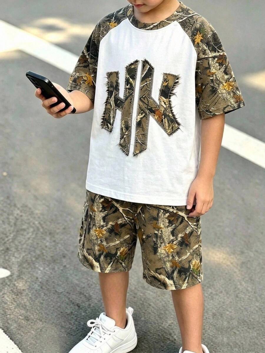 Setelan 2 Potong Kaos Lengan Pendek Bordir Tie-Dye dan Celana Pendek untuk Anak Laki-Laki Remaja Musim Panas, Seragam Sekolah Kasual Lengan Raglan dengan Blok Warna Unik - MultiWarna - View 1