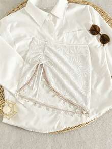 Swim Lushoire Women's Summer Beach Vacation Drawstring Ruched Starfish Shell Tassel Solid Color Special Texture Fabric Split Hem Skirt - White - View 3