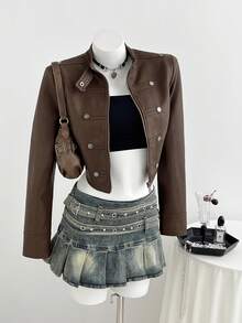 Elamini Jaket Motor Pendek Gaya Retro Wanita - Coklat - View 3