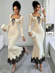 Elenzga Women's Autumn Black And White Square Neck Lace Trim Long Sleeve Ruched Mermaid Design Elegant Sophisticated Birthday Gift Date Dinner Party Wedding - Apricot - View 1