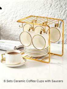 1/6 Set Gold Rim Embossed Ceramic Coffee Cup (Cup + Saucer) Luxury Coffee Cup & Saucer Set/Mug, High-End Exquisite Tableware, Ideal For Afternoon Tea. This Elegant Coffee Cup Is Perfect For Serving Cappuccino. - Multicolor - View 6