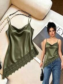 SHEIN 女款優雅對比蕾絲休閒緞面細肩帶背心上衣 - 橄欖綠 - 查看 5