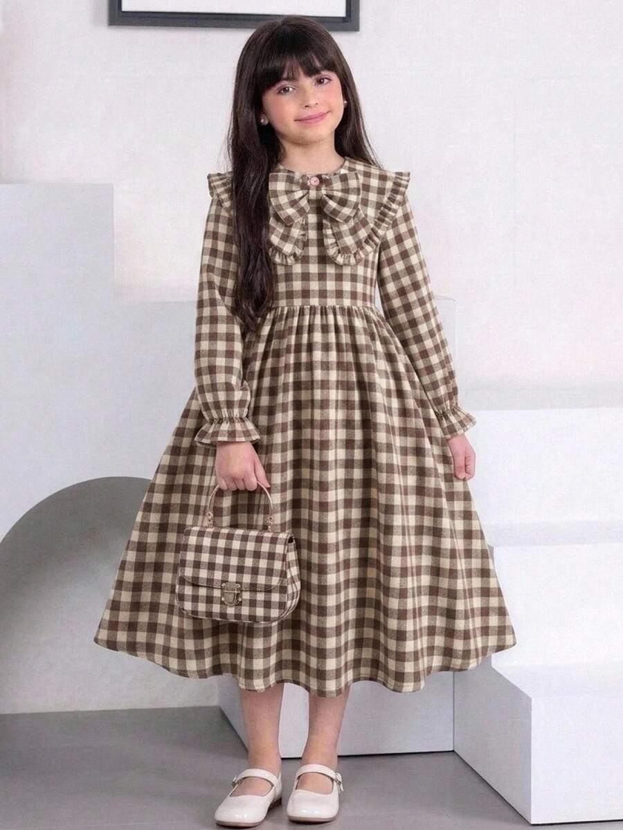 SHEIN Tween Girls Long Sleeve Plaid Cinched Waist Bow Exaggerated Collar Long Dress Autumn/Winter - Apricot - View 1