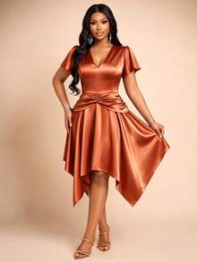 Brilight Gaun Pesta/Bar/Malam Malam Satin Seksi Leher V dengan Lipatan Pinggang dan Hem Asimetris Model Sapu Tangan yang Mengalir untuk Kencan, Koktail, Pernikahan, dan Tamu, Warna Oranye Karat, Elegan untuk Musim Panas - Rust Brown - View 5